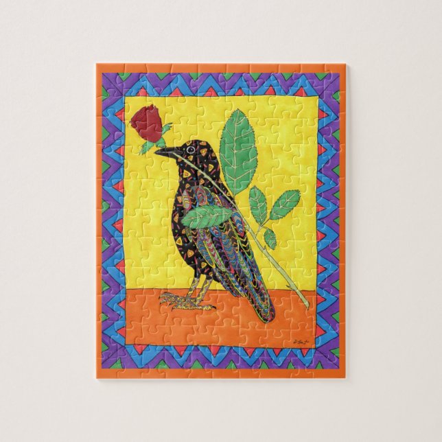 Colourful Oaxacan Crow & Rose Mexican Folk Art Jigsaw Puzzle (Vertical)