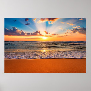 Colourful ocean beach sunrise with deep blue sky a poster