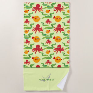 Colourful Ocean Creatures Monogrammed Pattern Beach Towel