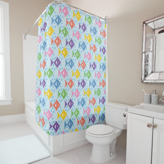 Colourful Ocean Fish Pattern Shower Curtain (In Situ)