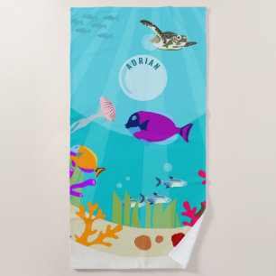 Colourful Ocean Sea Animals Kids Name Beach Towel