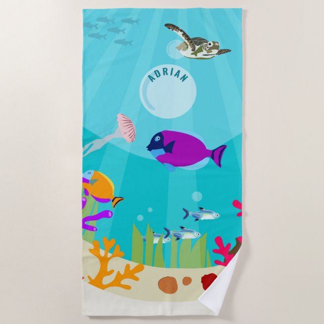 Colourful Ocean Sea Animals Kids Name Beach Towel (Front)