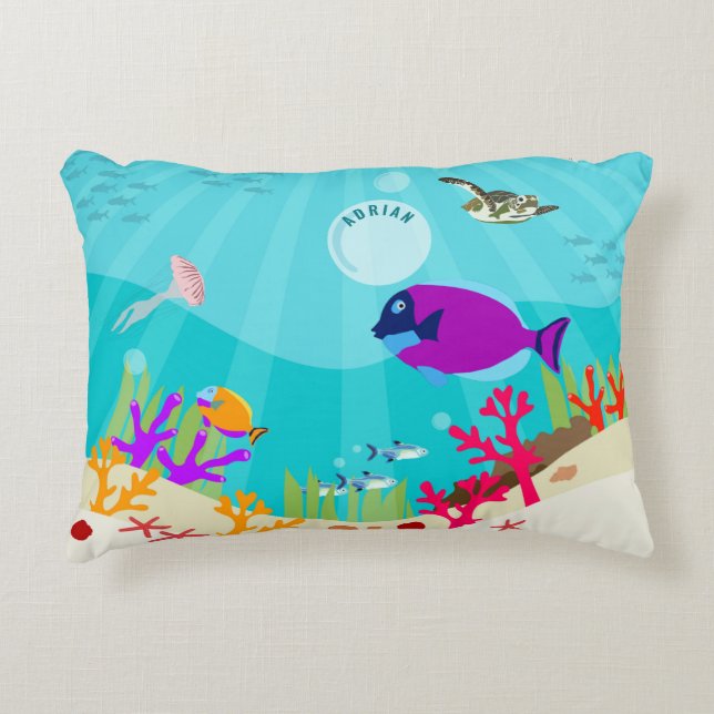 Colourful Ocean Sea Animals Kids Name Decorative Cushion (Front)