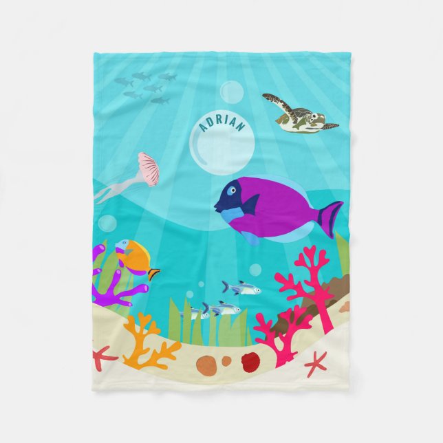 Colourful Ocean Sea Animals Kids Name Fleece Blanket (Front)