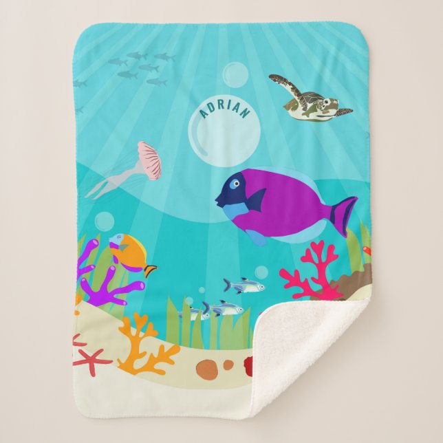 Colourful Ocean Sea Animals Kids Name Sherpa Blanket (Front)