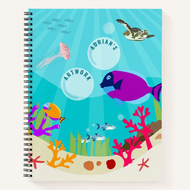Colourful Ocean Sea Animals Kids Name Sketchbook Notebook (Front)