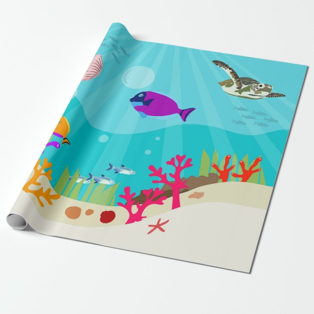 Colourful Ocean Sea Animals Kids  Wrapping Paper (Unrolled)