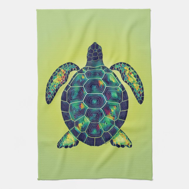 Colourful Ocean Sea Turtle Vibrant Mosaic Art Tea Towel (Vertical)