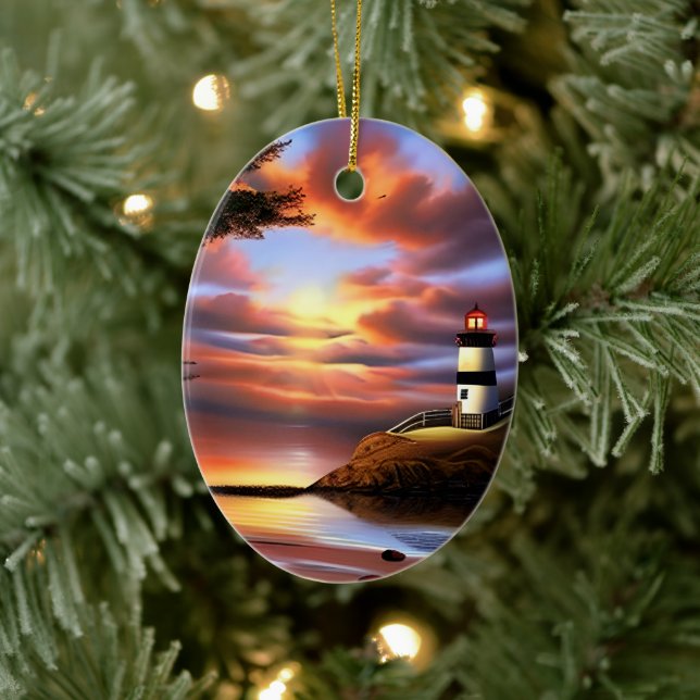 Colourful Ocean Sunset and Lighthouse Personalised Ceramic Tree Decoration (Tree)