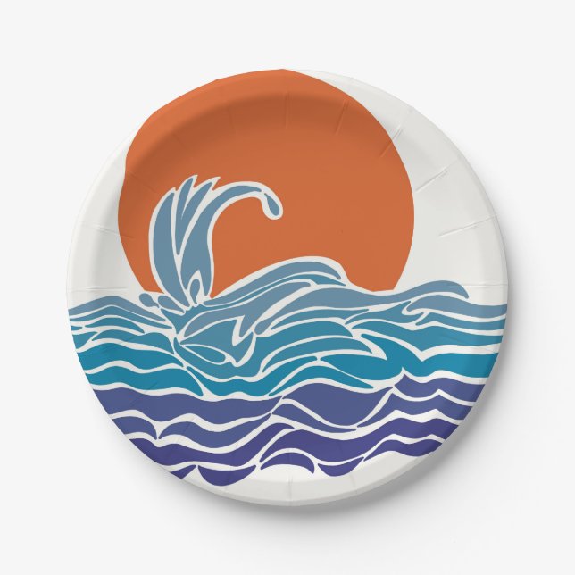 Colourful ocean waves with beautful sunset paper plate (Front)