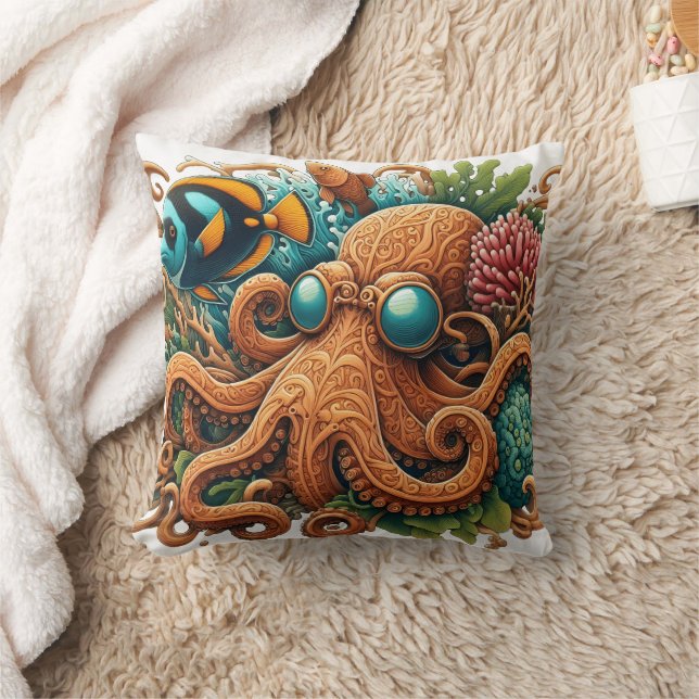 Colourful Octopus Among Coral Reef and Fish Cushion (Blanket)