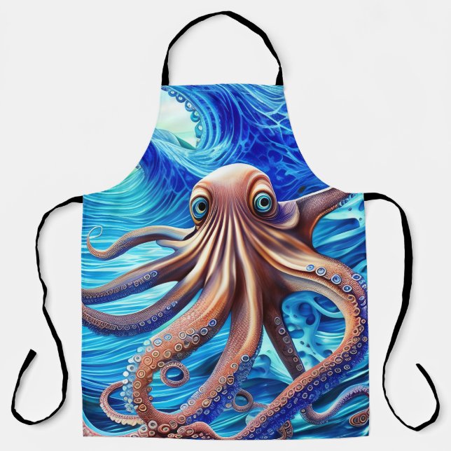 Colourful Octopus Blue Ocean Wave Realism Apron (Front)