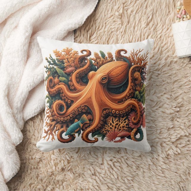 Colourful Octopus Camouflaged Among Coral Reef Cushion (Blanket)