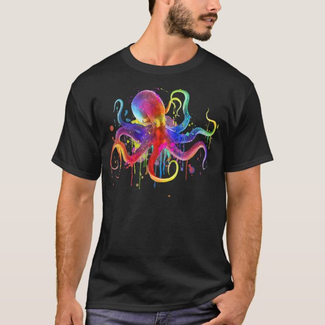 Colourful Octopus  Dripping Rainbow Octopus psyche T-Shirt (Front)