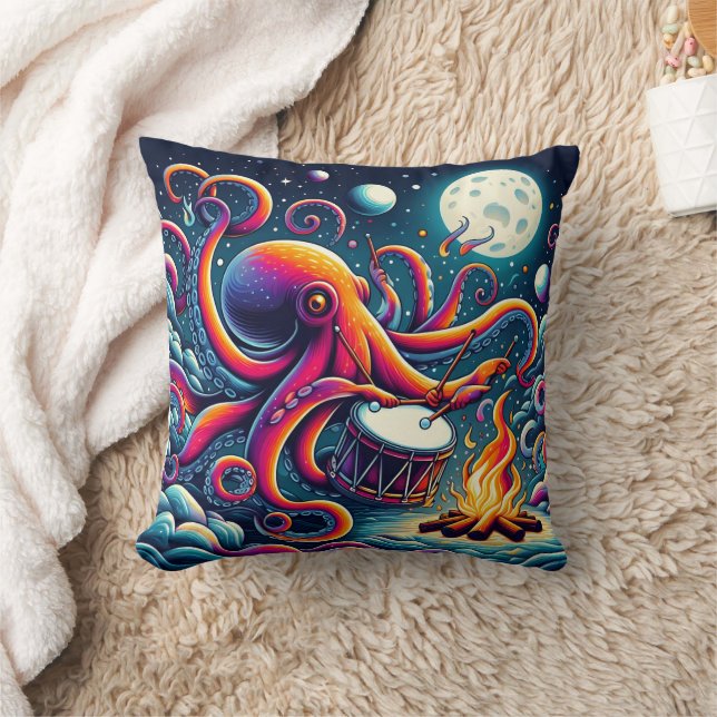 Colourful Octopus Drumming By The Moonlit Shore Cushion (Blanket)