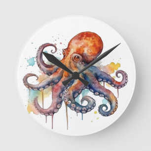 colourful octopus in watercolor  big eyes round clock