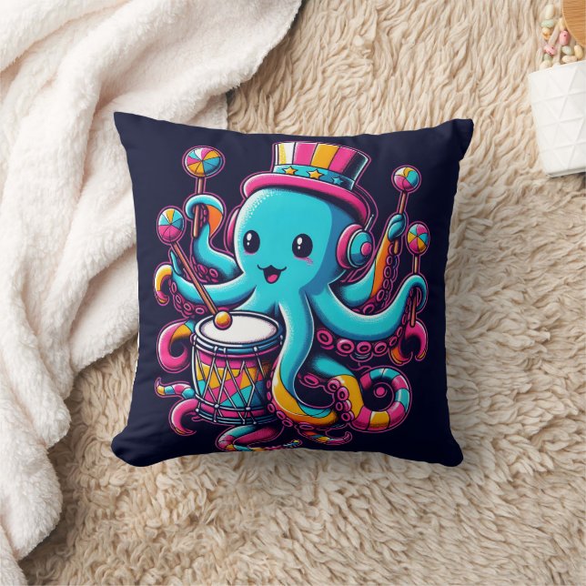 Colourful Octopus Playing Drums at a Fun Fair Cushion (Blanket)