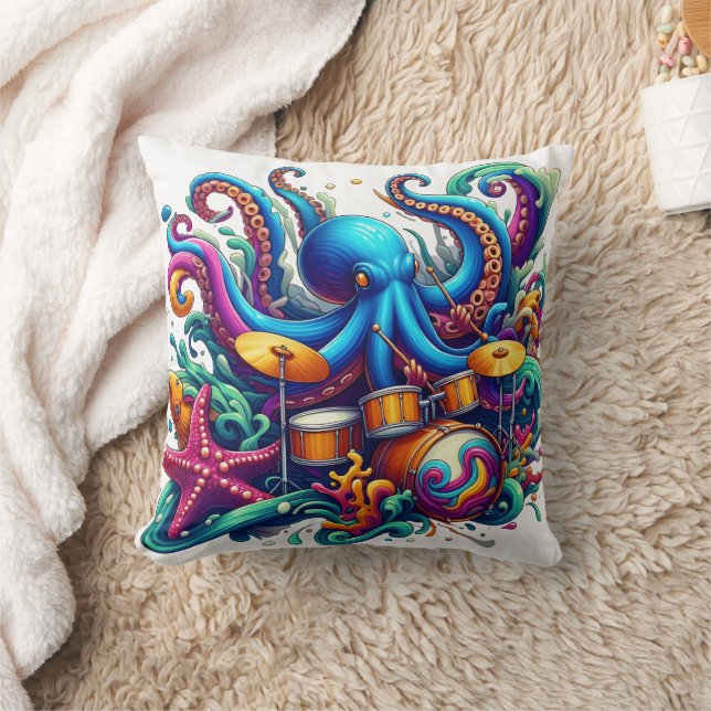 Colourful Octopus Playing Drums in Ocean Waves Cushion (Blanket)