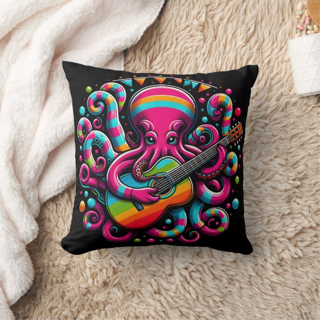 Colourful Octopus Playing Guitar in Vibrant Settin Cushion (Blanket)