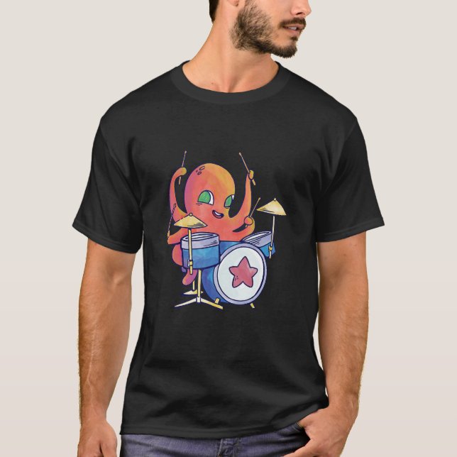 Colourful Octopus Realistic Octopus Playing Drum L T-Shirt (Front)
