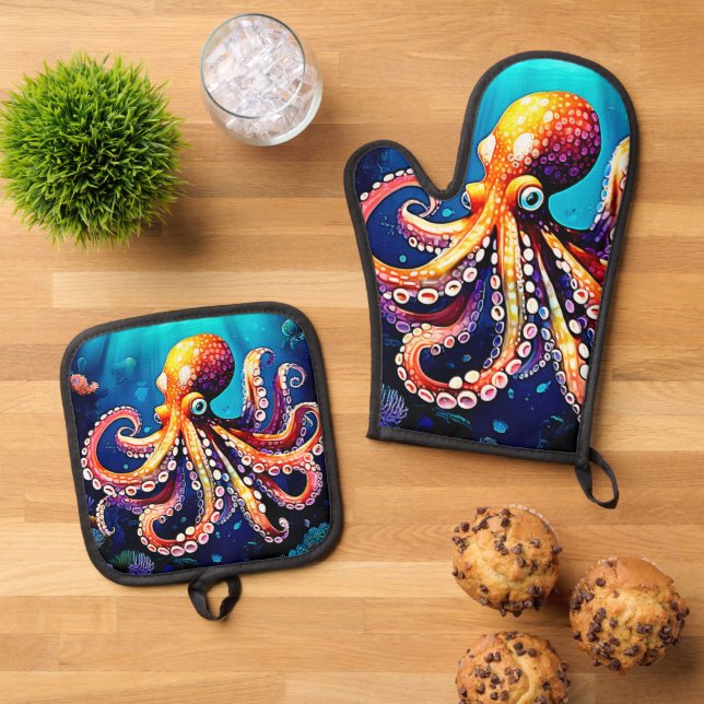 Colourful Octopus View Design Oven Mitt & Pot Holder Set (Top Down)