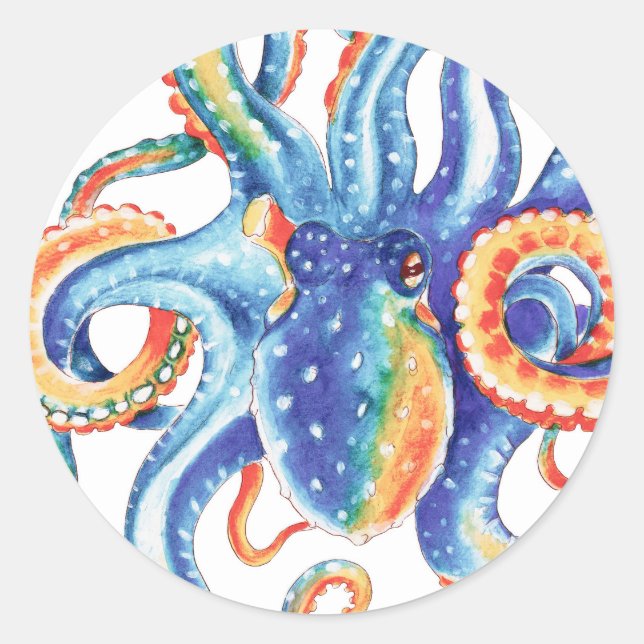 Colourful Octopus Watercolor Art Classic Round Sticker (Front)