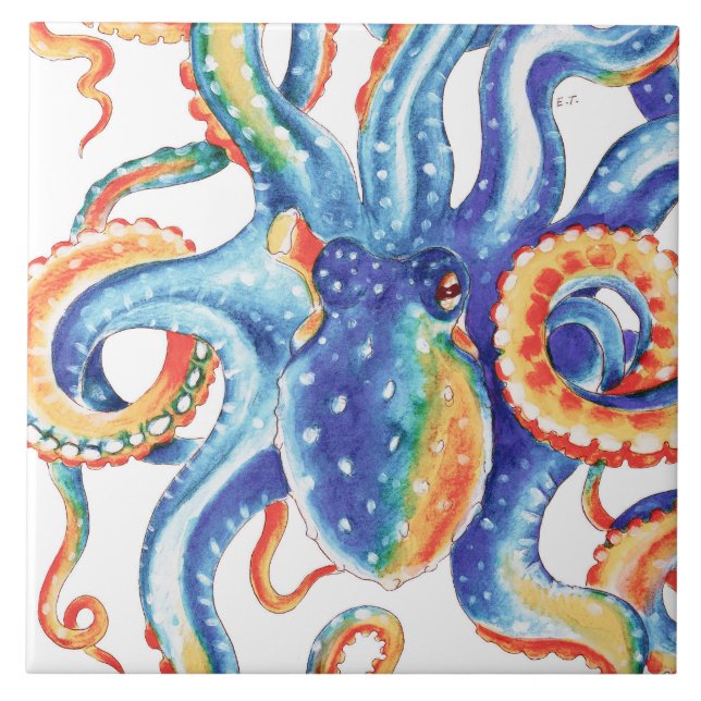 Colourful Octopus Watercolor Art Tile (Front)