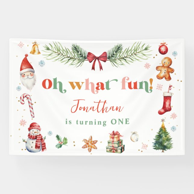Colourful Oh What Fun 1st Christmas Birthday Party Banner (Horizontal)