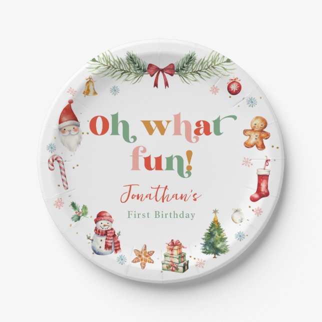 Colourful Oh What Fun First Christmas Birthday Paper Plate (Front)