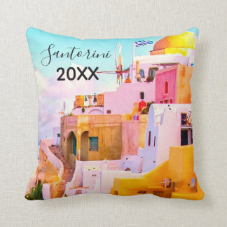 Colourful Oia Santorini Houses, Greece Photography Cushion