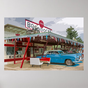 Colourful Old Drive-In and Old Car Poster