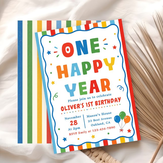 Colourful One Happy Year First Birthday Invitation (Creator Uploaded)