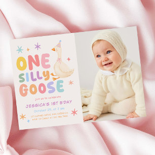 Colourful One Silly Goose Girl 1st Birthday Photo Invitation