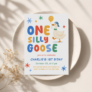 Colourful One Silly Goose Kids First Birthday Invitation