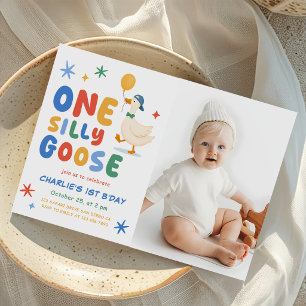 Colourful One Silly Goose Kids First Birthday Phot Invitation