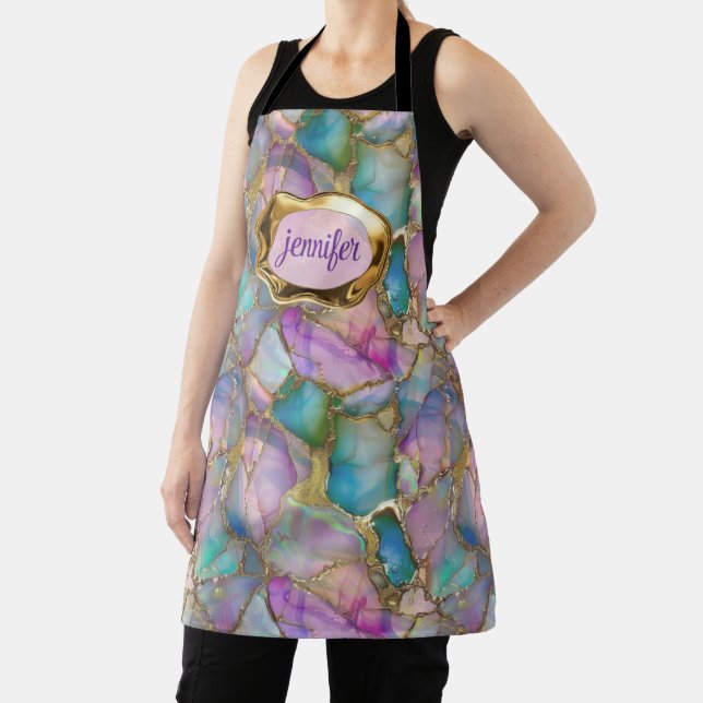 Colourful Opal and Liquid Gold Personalised Apron (Insitu)