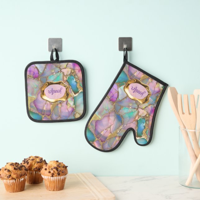 Colourful Opal and Liquid Gold Personalised Oven Mitt & Pot Holder Set (Insitu(Hanging))