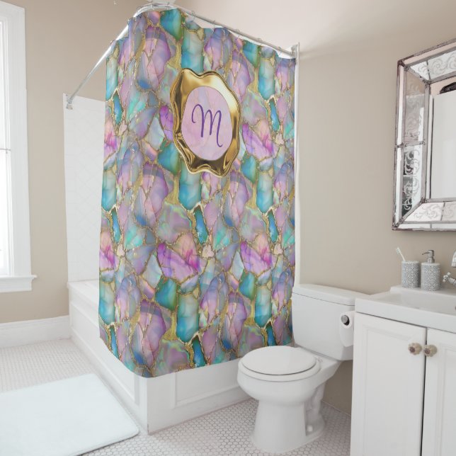 Colourful Opal and Liquid Gold Shower Curtain (In Situ)