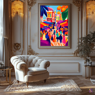 Colourful Open-Air Market in Fauvist Style Canvas Print