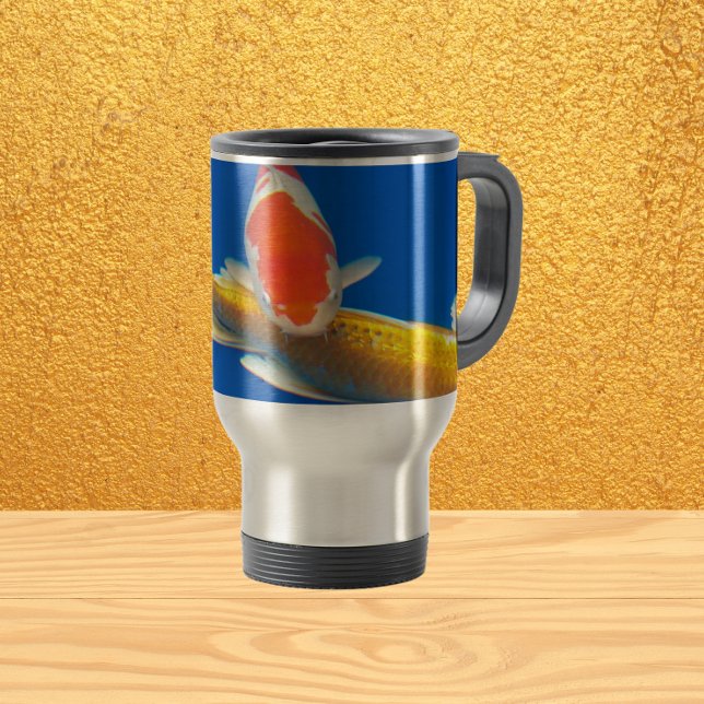 Colourful Orange and White Koi Travel Mug (In Situ)