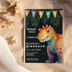 Colourful Orange Black Dino Banner Birthday Party Invitation