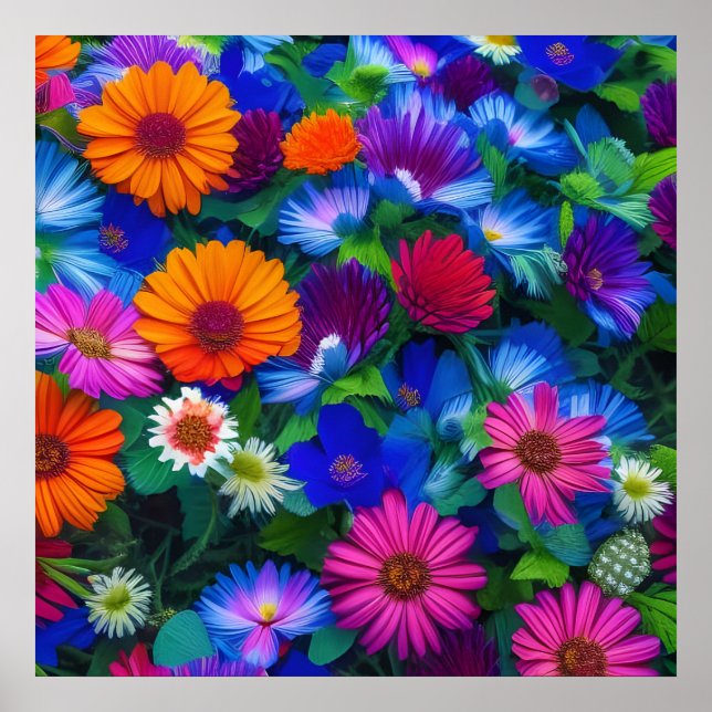 Colourful Orange Blue and Red Flowers Poster (Front)