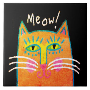Colourful Orange Cat Abstract Art Tile