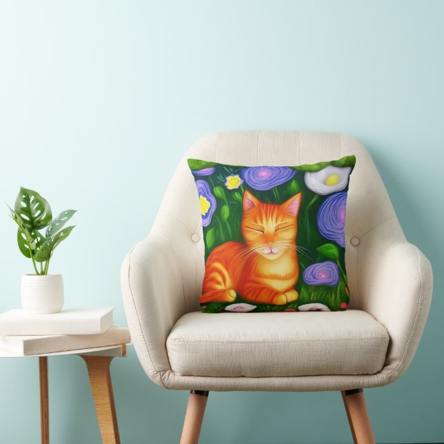 Colourful Orange Cat in Flower Garden Throw Pillow (Chair)