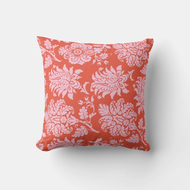 Colourful Orange & Pink Damask Pillow (Front)