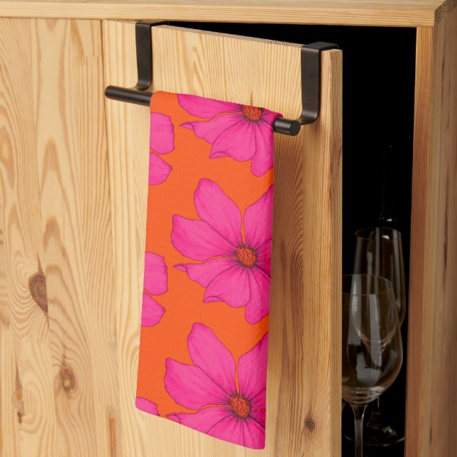 Colourful Orange Pink Floral Modern Monogram Tea Towel (Thirds Fold)