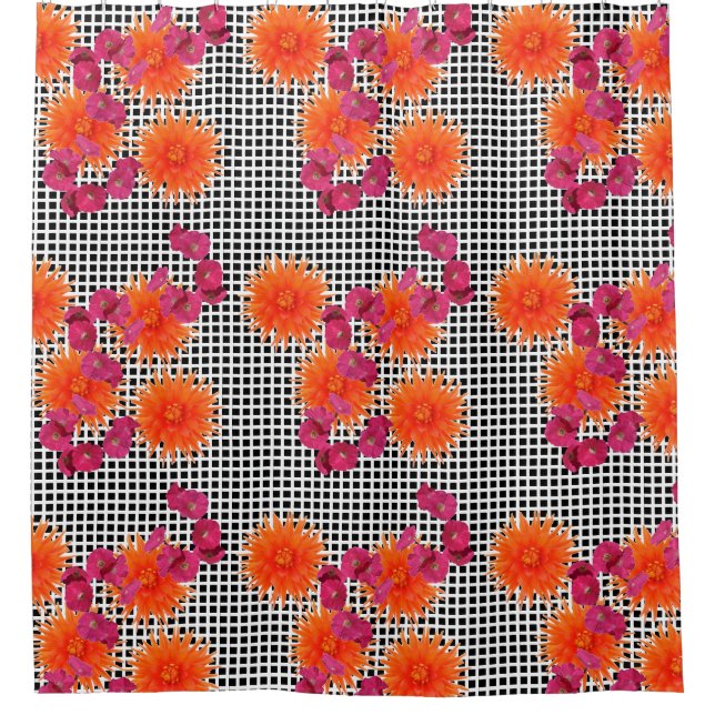 Colourful Orange Pink Flowers Black White Grid Shower Curtain (Front)