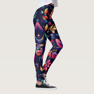 Colourful Orange Yellow Pink Flower Abstract Leggings