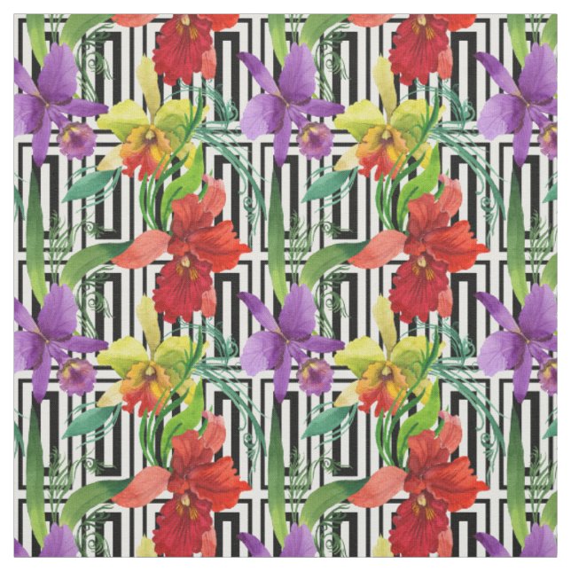 Colourful Orchid Flowers Watercolor Pattern Fabric (Swatch)
