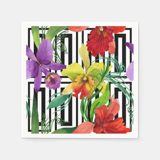 Colourful Orchid Flowers Watercolour Pattern Napkin (Front)